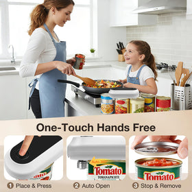 Rainaley can opener demonstrates smooth-edge lid lift for safety