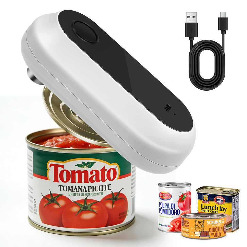 Rainaley electric can opener front view showing easy one-touch use