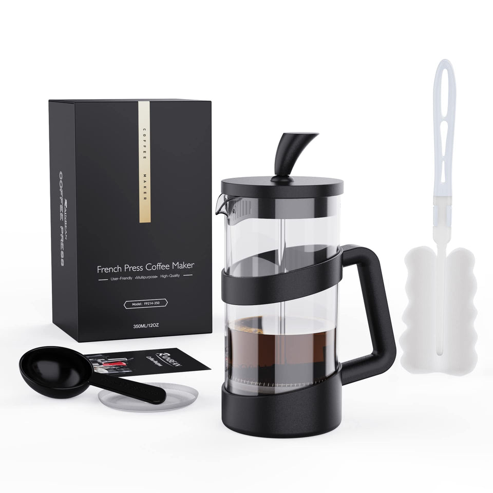 RAINBEAN Mini French Press 12oz brew, ideal for a quick coffee on the go.