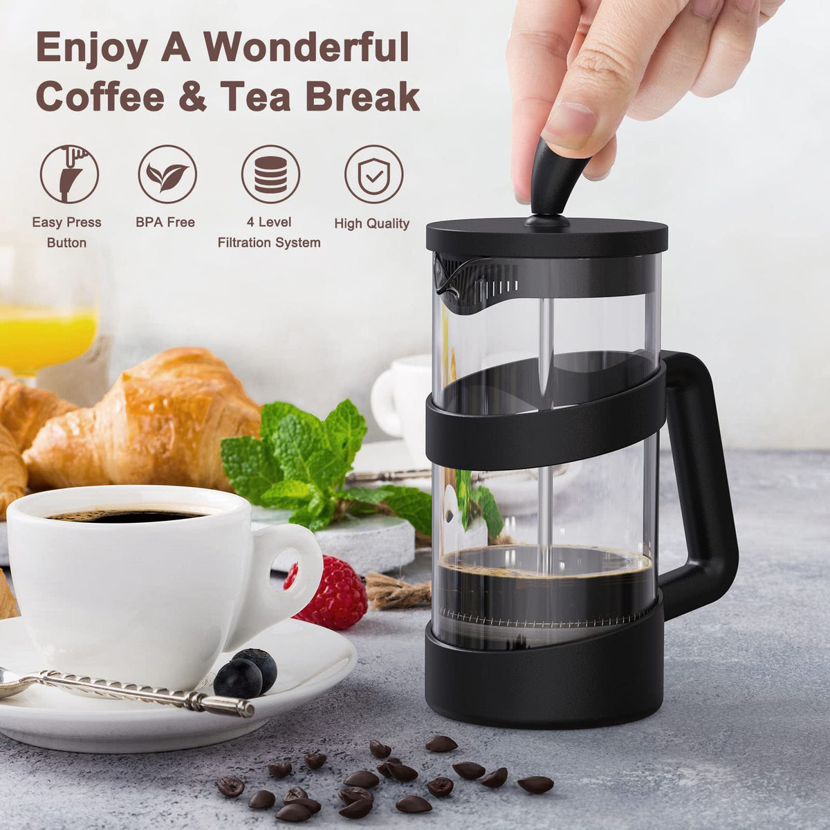RAINBEAN Mini French Press glass carafe highlights vivid coffee oils and aroma.