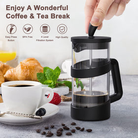 RAINBEAN Mini French Press glass carafe highlights vivid coffee oils and aroma.