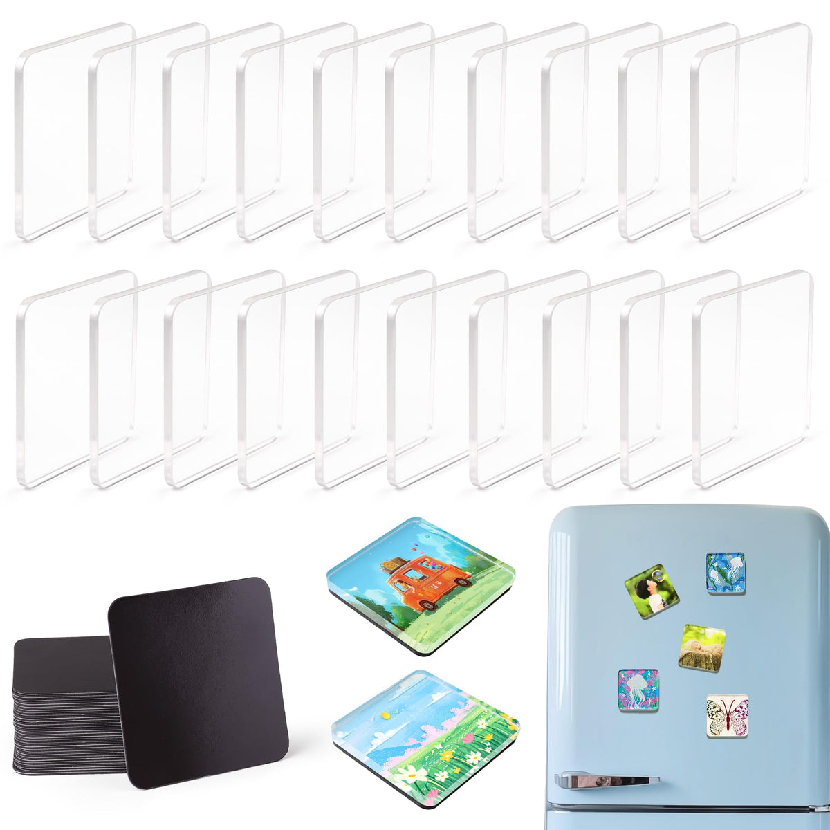 RAINBOW WSK fridge magnet kit: square clear acrylic magnets for photos.