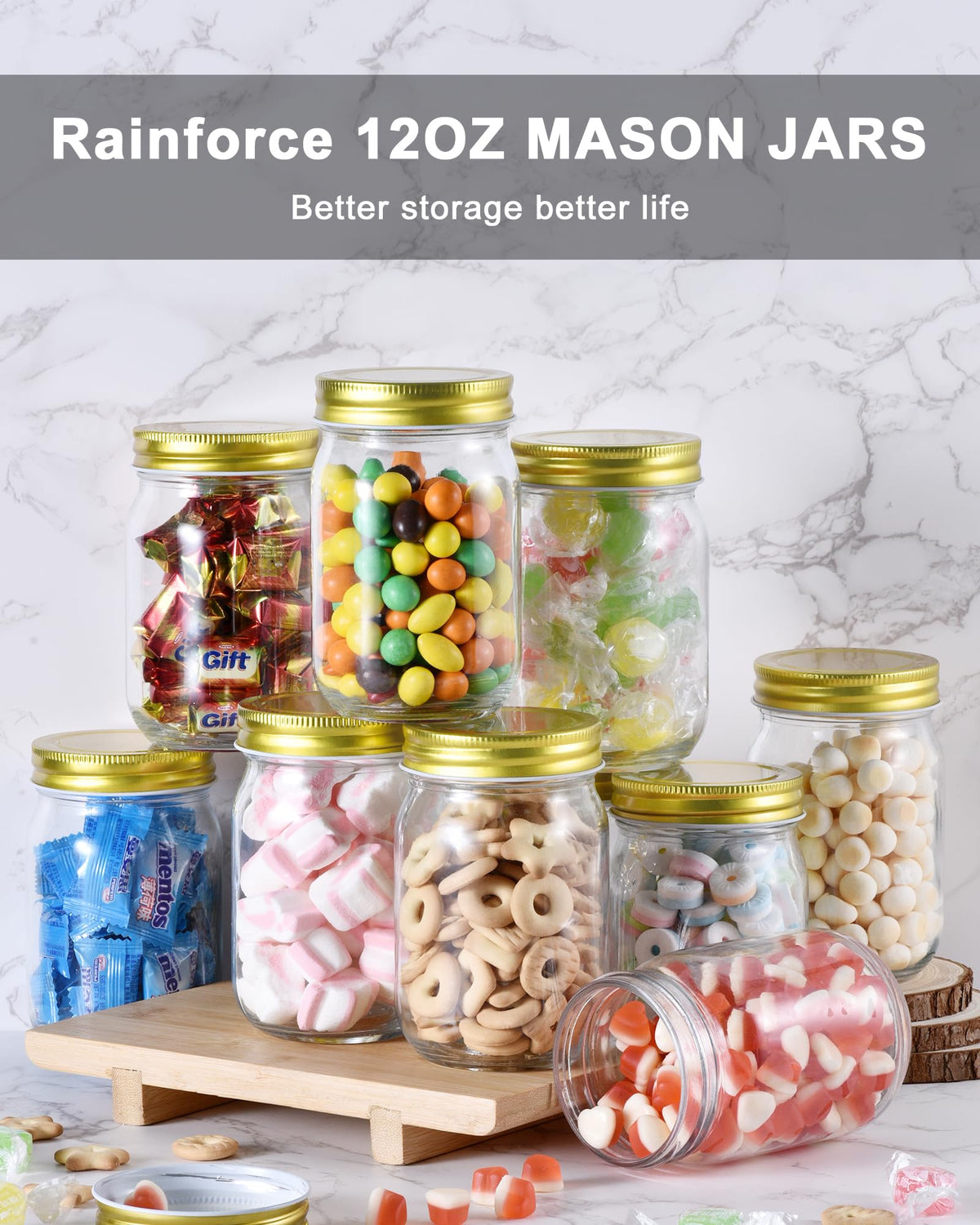 Rainforce glass jar with metal screw-on lid for secure storage.
