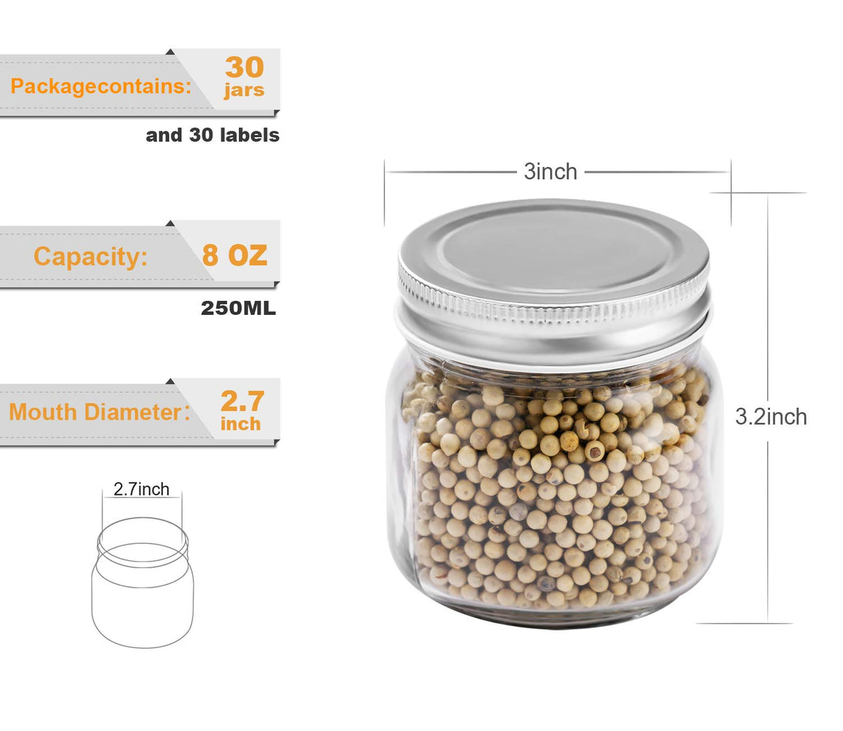 Rainforce 8oz jar with labels nearby to organize jams and spices.