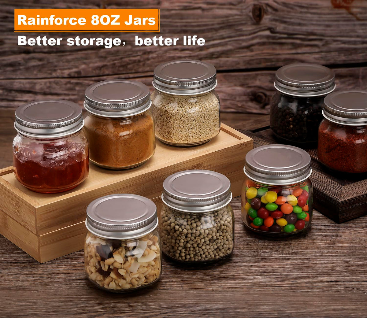 Rainforce 8oz jar lids close-up showing secure airtight seal for freshness.