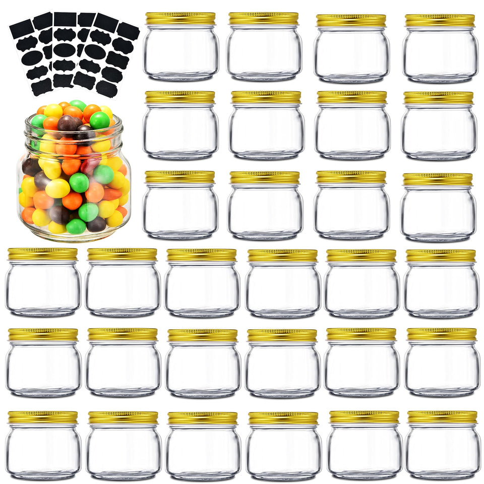Rainforce Mason Jars 8 oz with gold lids ready for pantry storage.