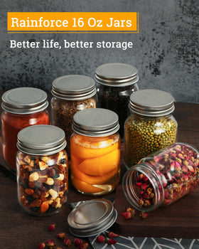 Rainforce jars with silver lids provide an airtight seal for canning.