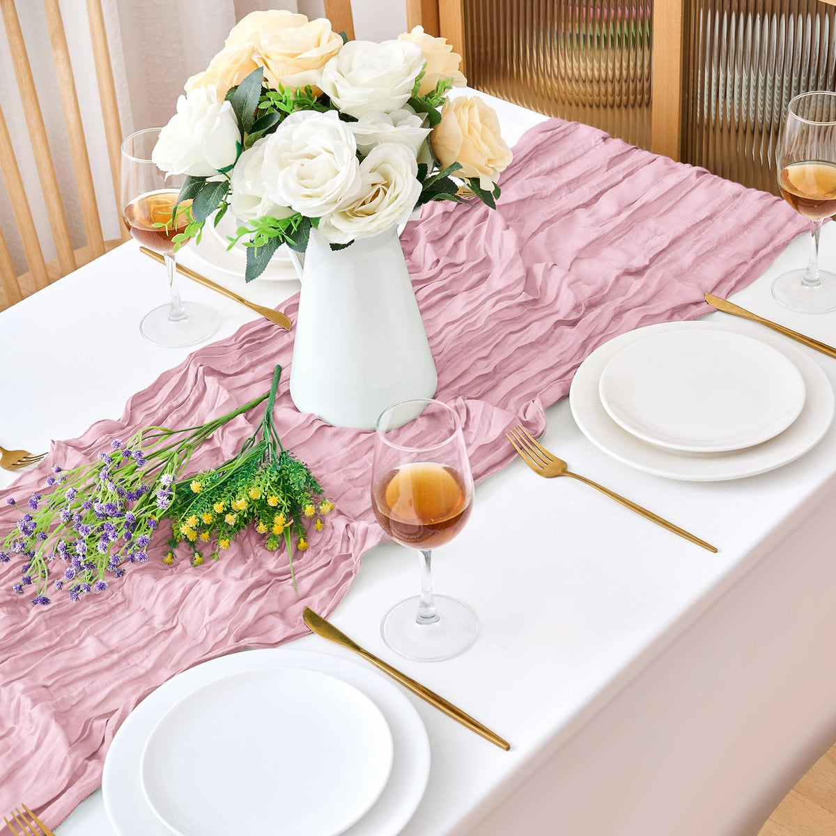 RAINISH rectangular table runner with soft drape enhances banquet or dessert table