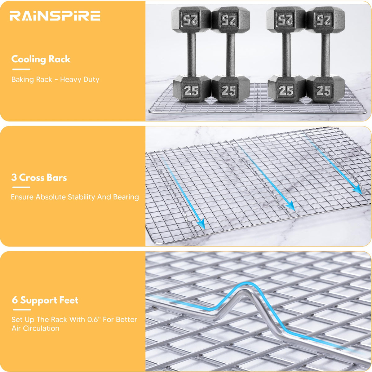 Rainspire cooling rack fits standard half-sheet pans for seamless use.