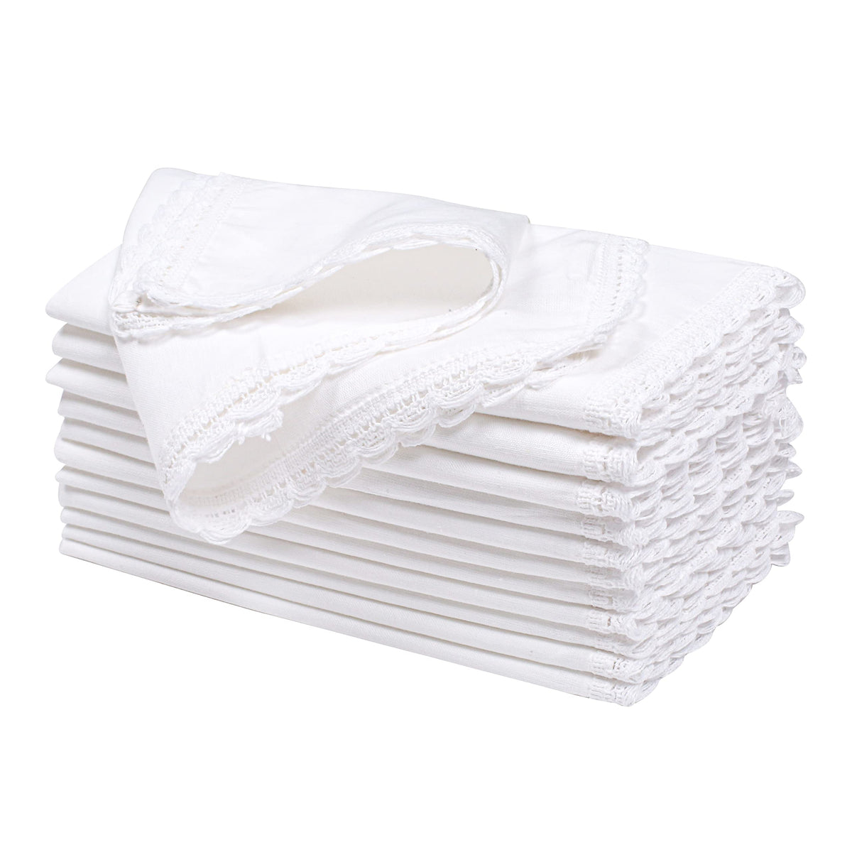 Ramanta Home white cotton dinner napkins flat lay, 12-pack, 20x20 inches for elegant table settings.