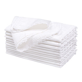 Ramanta Home white cotton dinner napkins flat lay, 12-pack, 20x20 inches for elegant table settings.