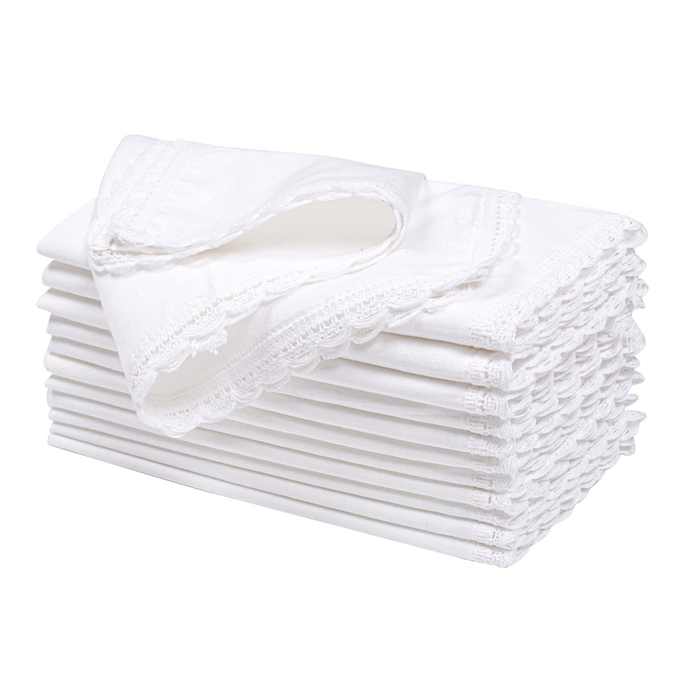 Ramanta Home white cotton dinner napkins flat lay, 12-pack, 20x20 inches for elegant table settings.