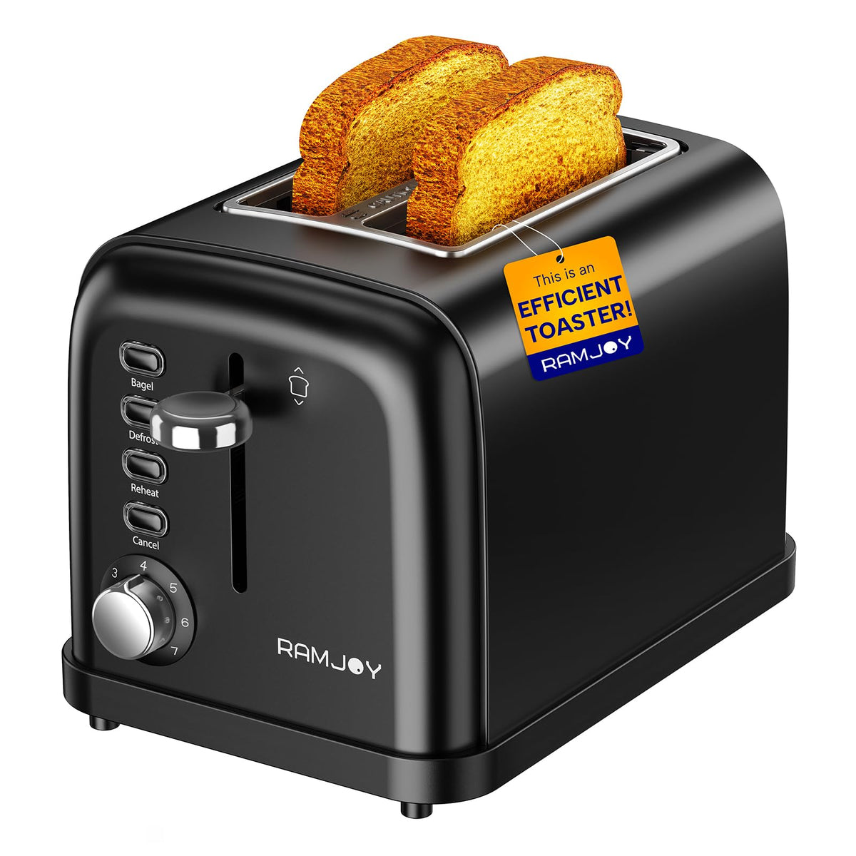 RAMJOY Toaster 2 Slice front view highlights compact brushed stainless steel for quick everyday toasting