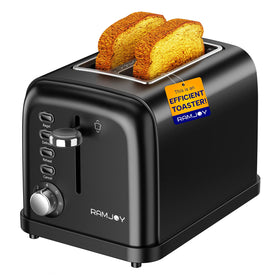 RAMJOY Toaster 2 Slice front view highlights compact brushed stainless steel for quick everyday toasting