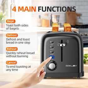 RAMJOY Toaster 4 main functions visual highlights bagel, defrost, reheat, and cancel options