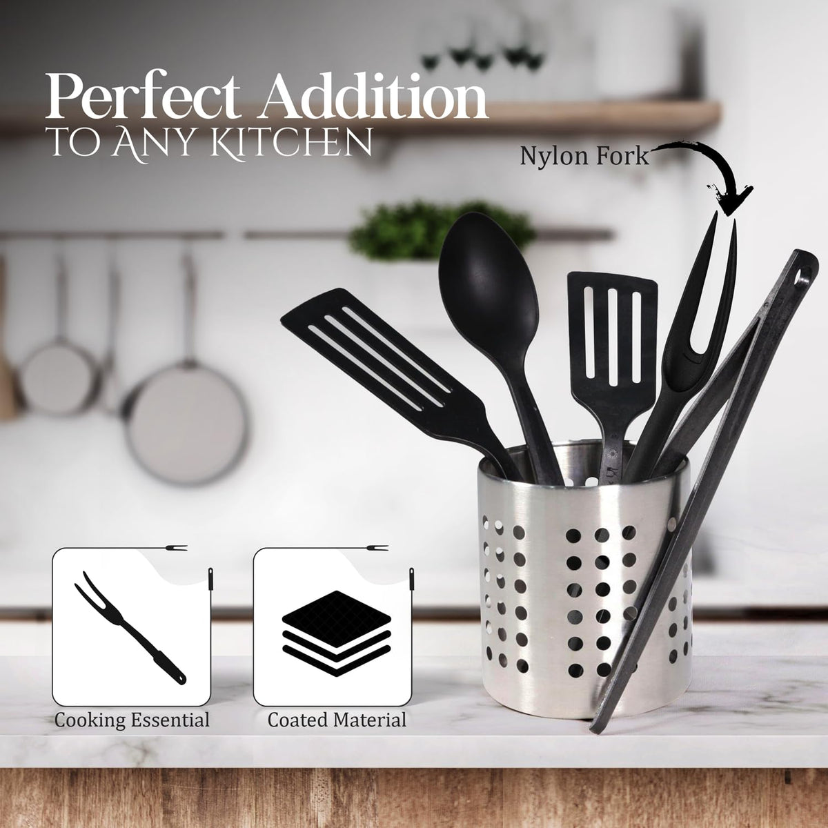 Ram Pro nylon fork safe for non-stick cookware and heat-resistant up to 450°F.