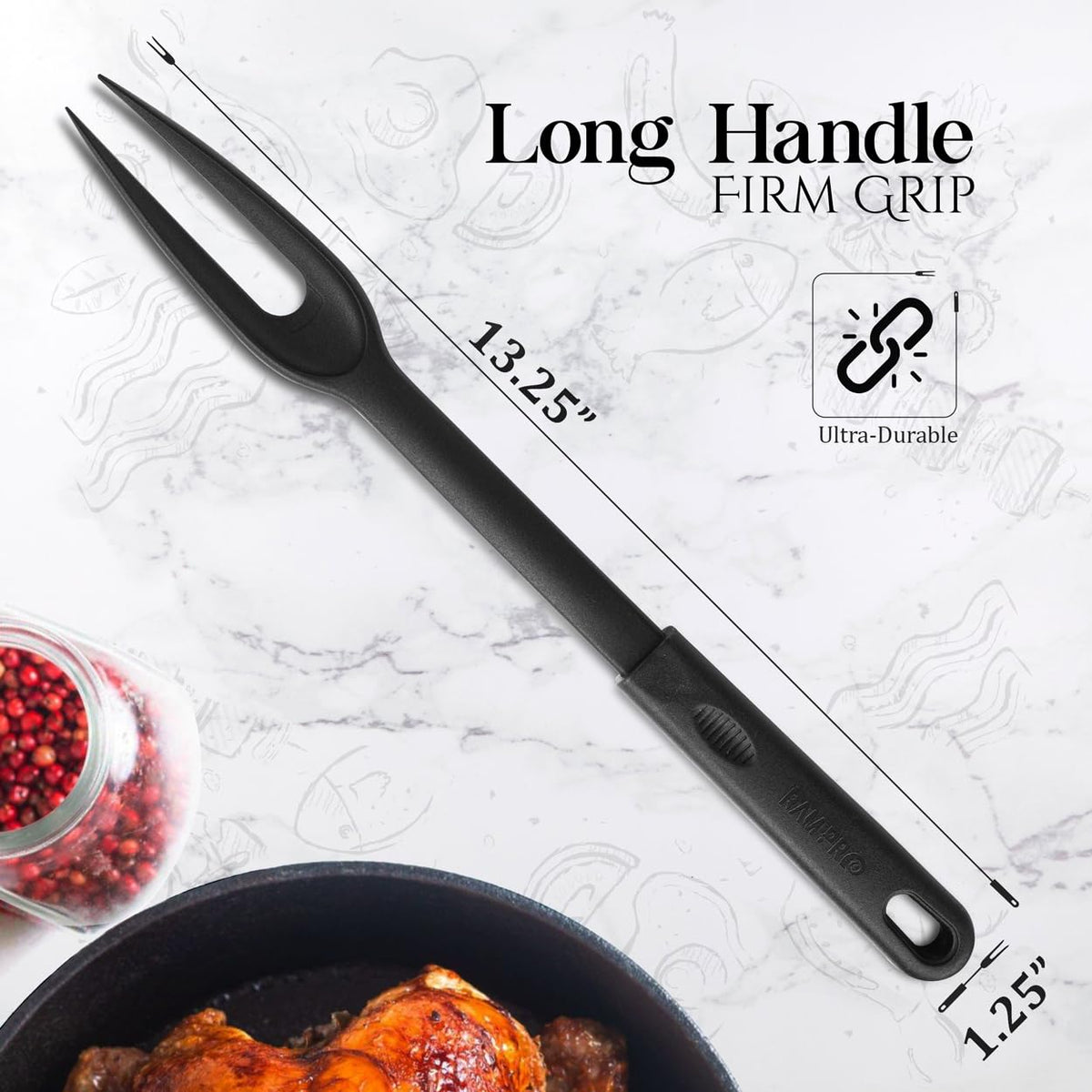 Ram Pro nylon fork with plastic handle offers safe grip for non-stick pots.
