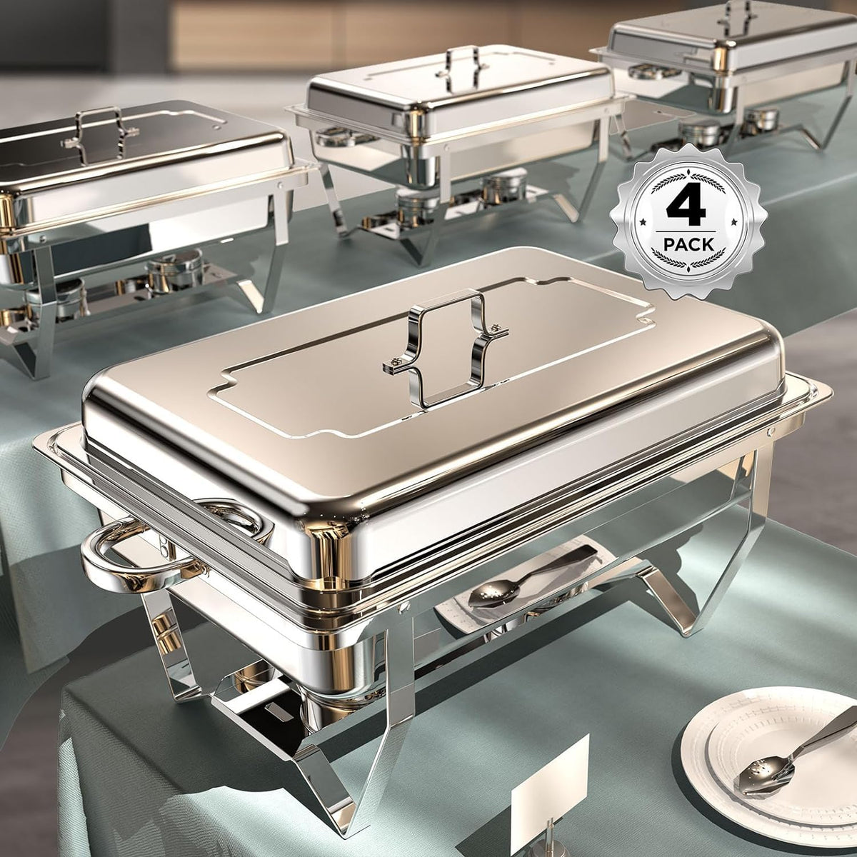 RAMVIC chafing dishes buffet set with roll-edge design for safer handling.