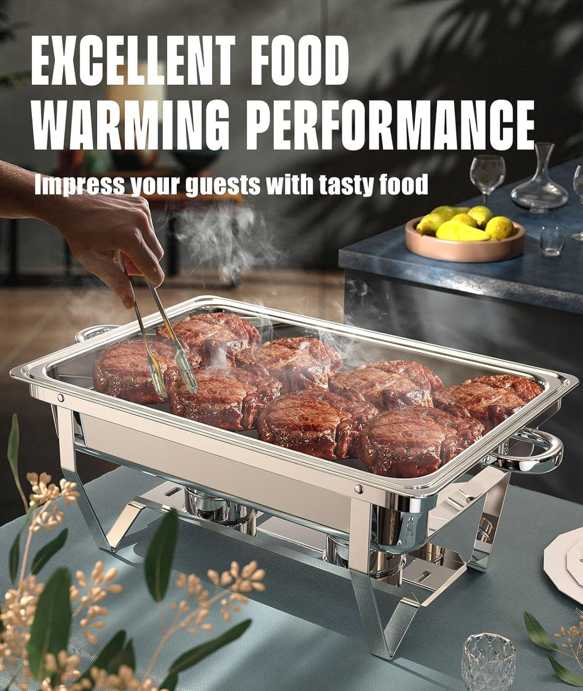 RAMVIC chafing dishes mirror finish enhances upscale party presentation.