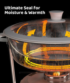 RAMVIC glass lid seals to preserve heat and moisture during service.