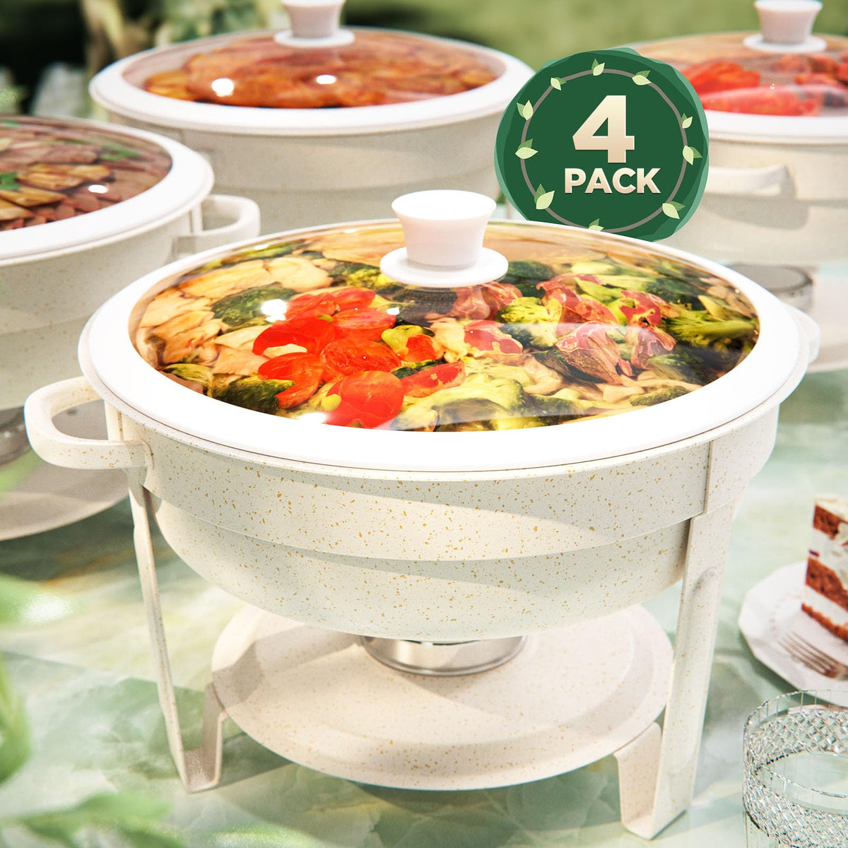 RAMVIC Maifanite-coated chafing dish 4-pack for elegant buffets and events.