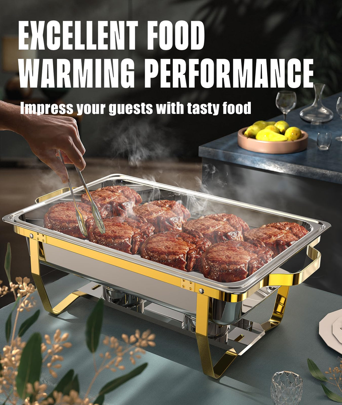 RAMVIC chafing dishes with mirror finish and integrated stand for easy hosting
