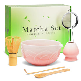 RANERANE matcha whisk with lotus-gradient pink bowl creates silky froth at home.