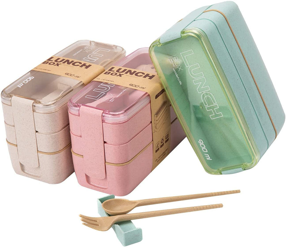 Rarapop 3-pack stackable bento box with utensils, airtight and BPA-free for fresh meals.
