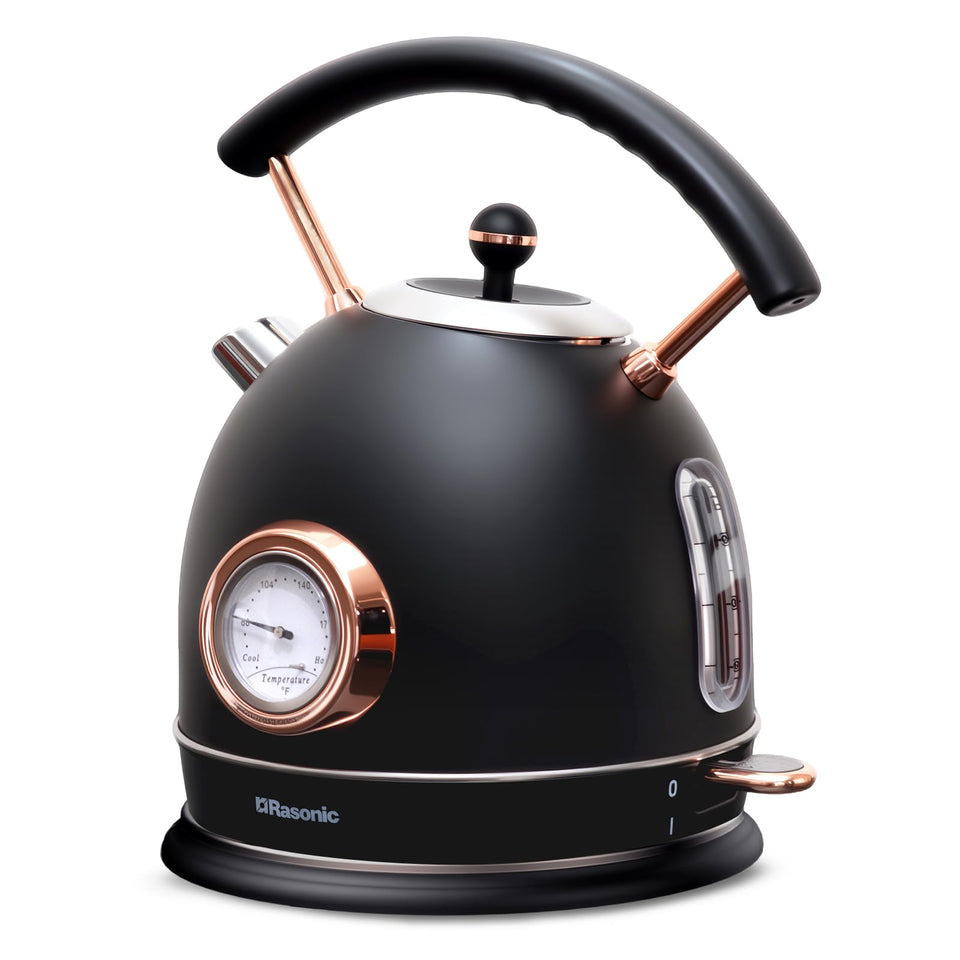 Rasonic retro electric kettle side view showing timeless design and rapid heating for quick tea and coffee.