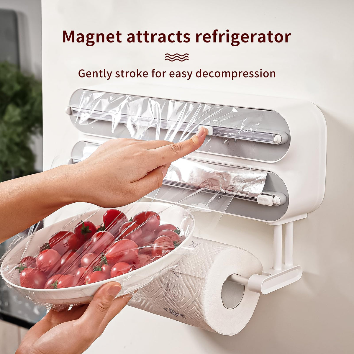 Rasunkae fridge magnetic holder keeps the dispenser ready for quick packing.