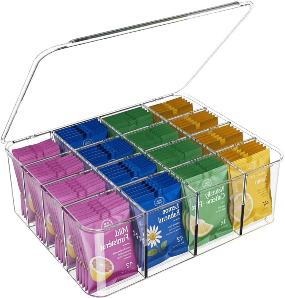 Rasydyn tea bags organizer with lid keeps tea neatly arranged and accessible.