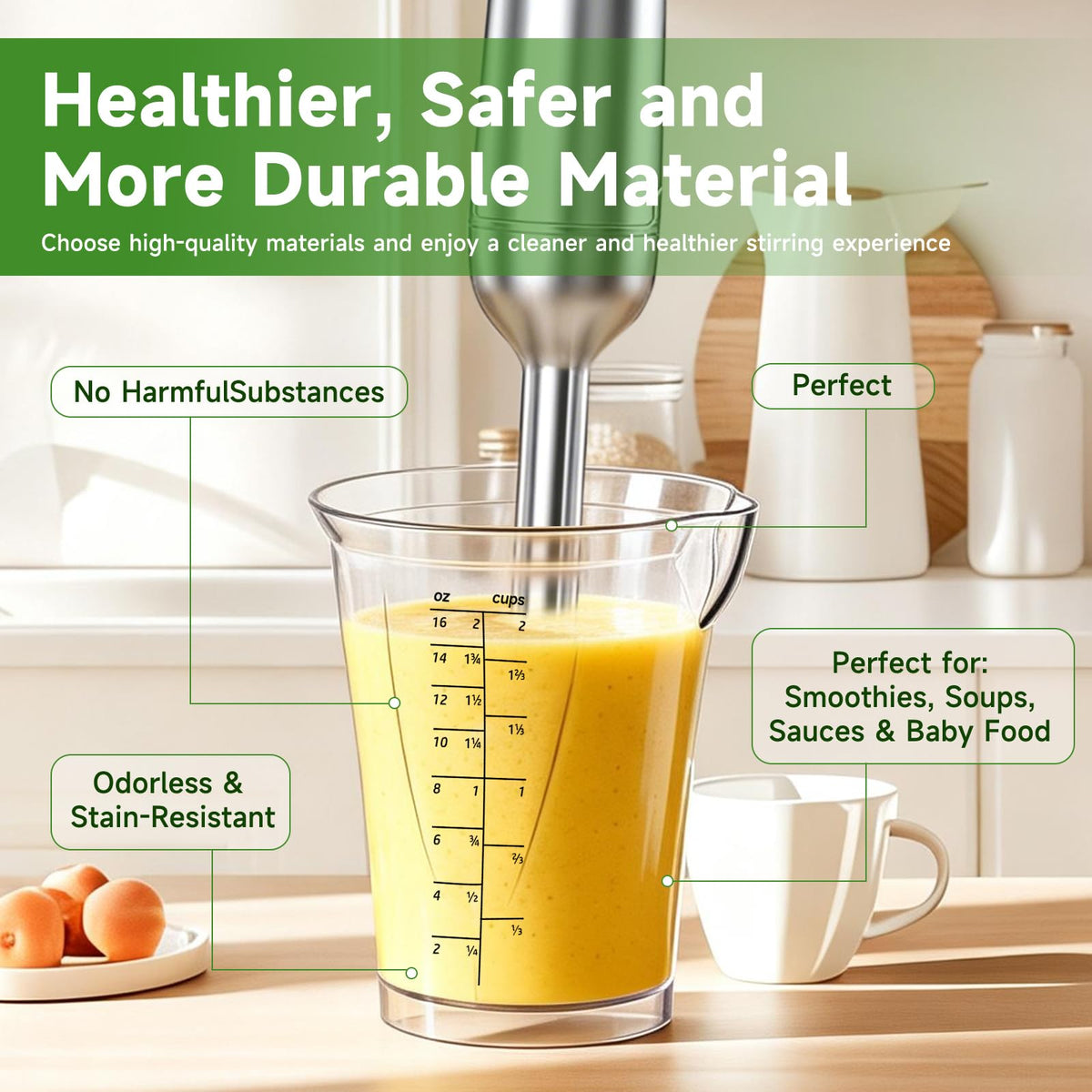 Ratiekc cup features dual ml and oz graduations for quick measurements.