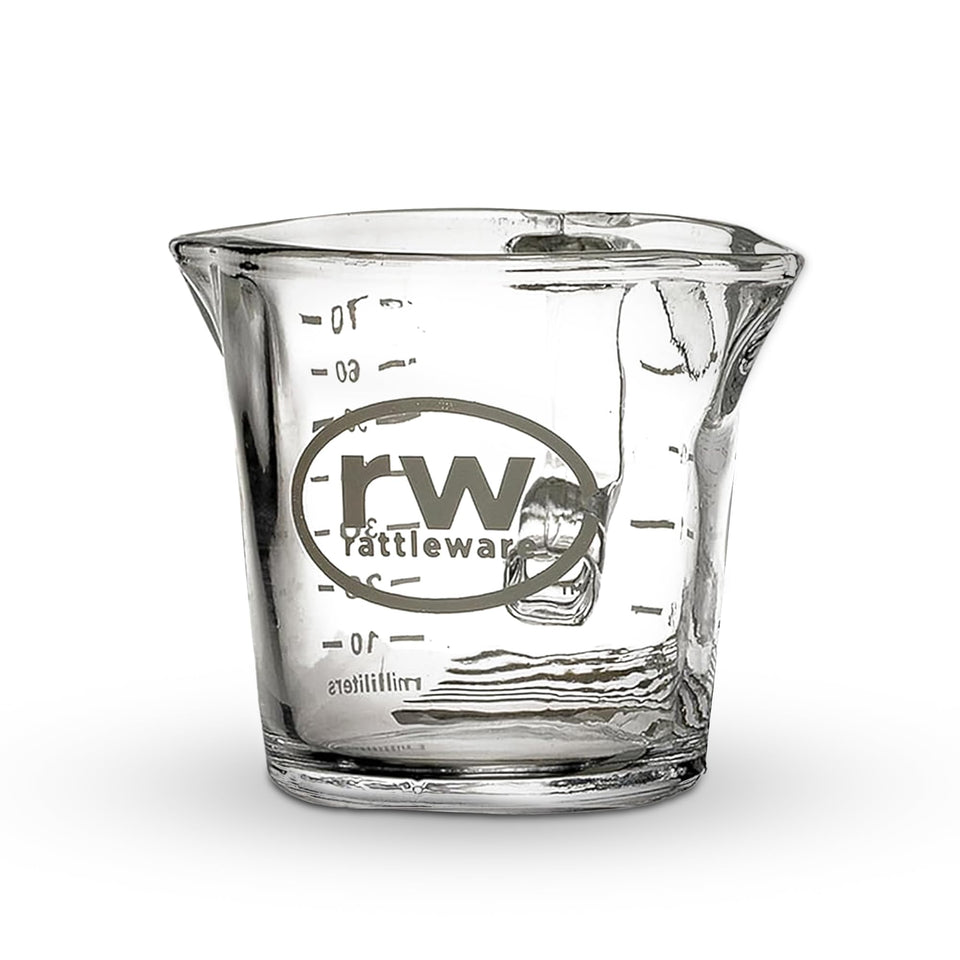 Rattleware double-spouted espresso shot glass pitcher for fast, accurate pours.
