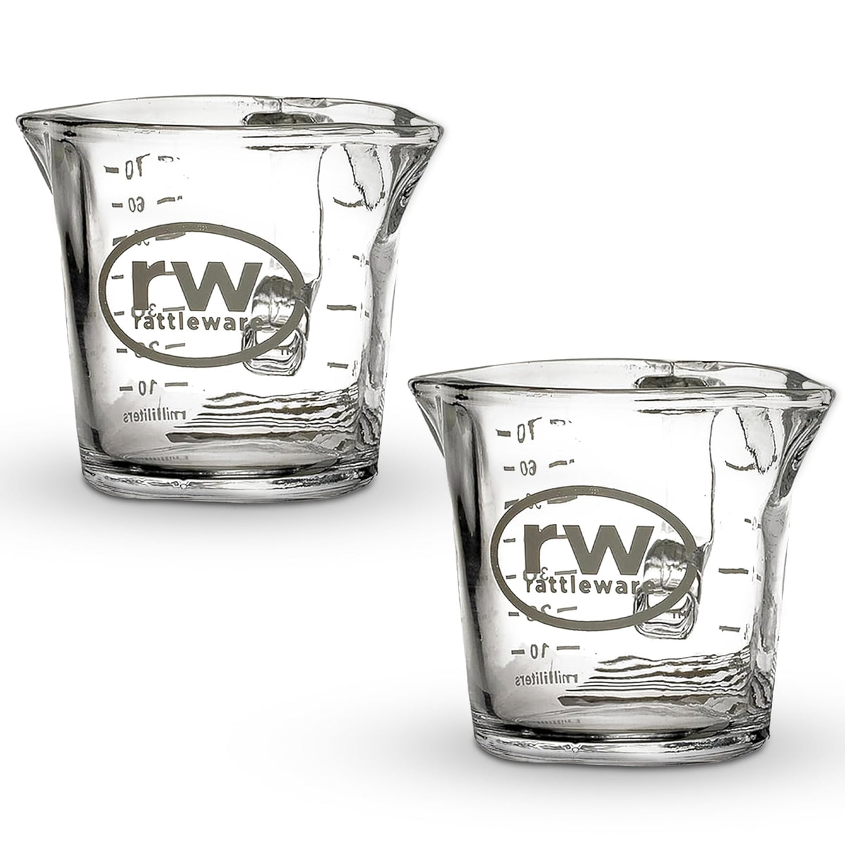 Rattleware espresso shot glass pitcher with double spouts for fast, precise pours.
