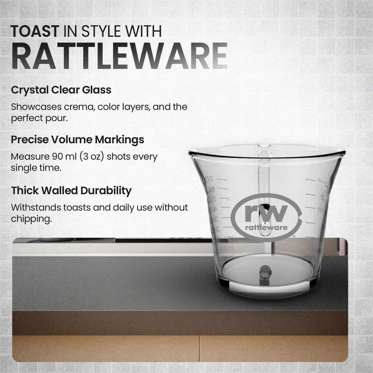 Rattleware white graduations in ml and oz for precise measurement.