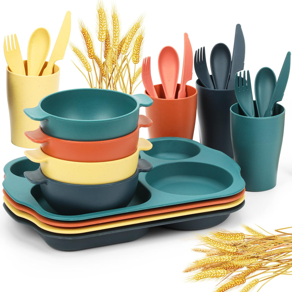 Ratulie 24-piece wheat straw dinnerware set for family meals—unbreakable and easy cleanup.