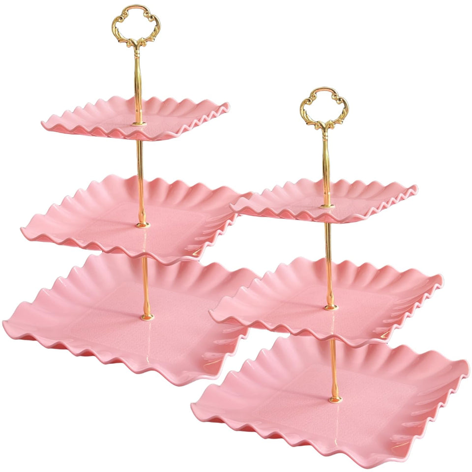 RAUVOLFIA 2-pack pink 3-tier square cupcake stand for birthdays and weddings.