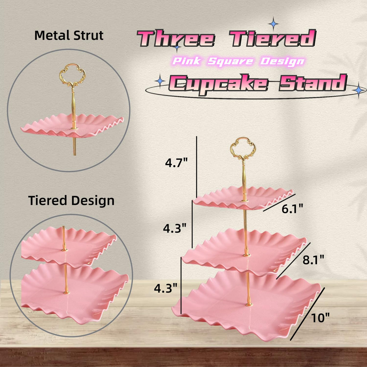 RAUVOLFIA pink 3-tier stand shows top, middle, and bottom plate sizes for presentation.