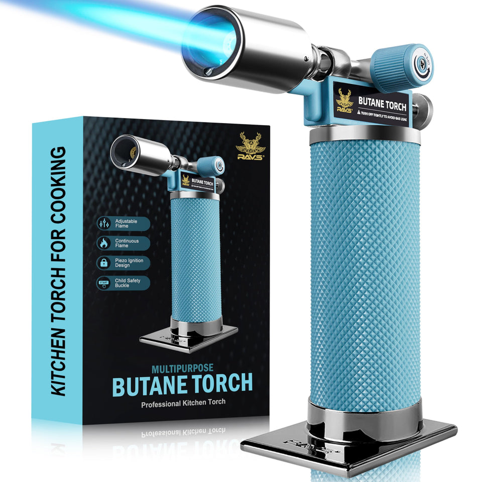 RAVS butane torch blue angled-nozzle for precise caramelization during crème brûlée