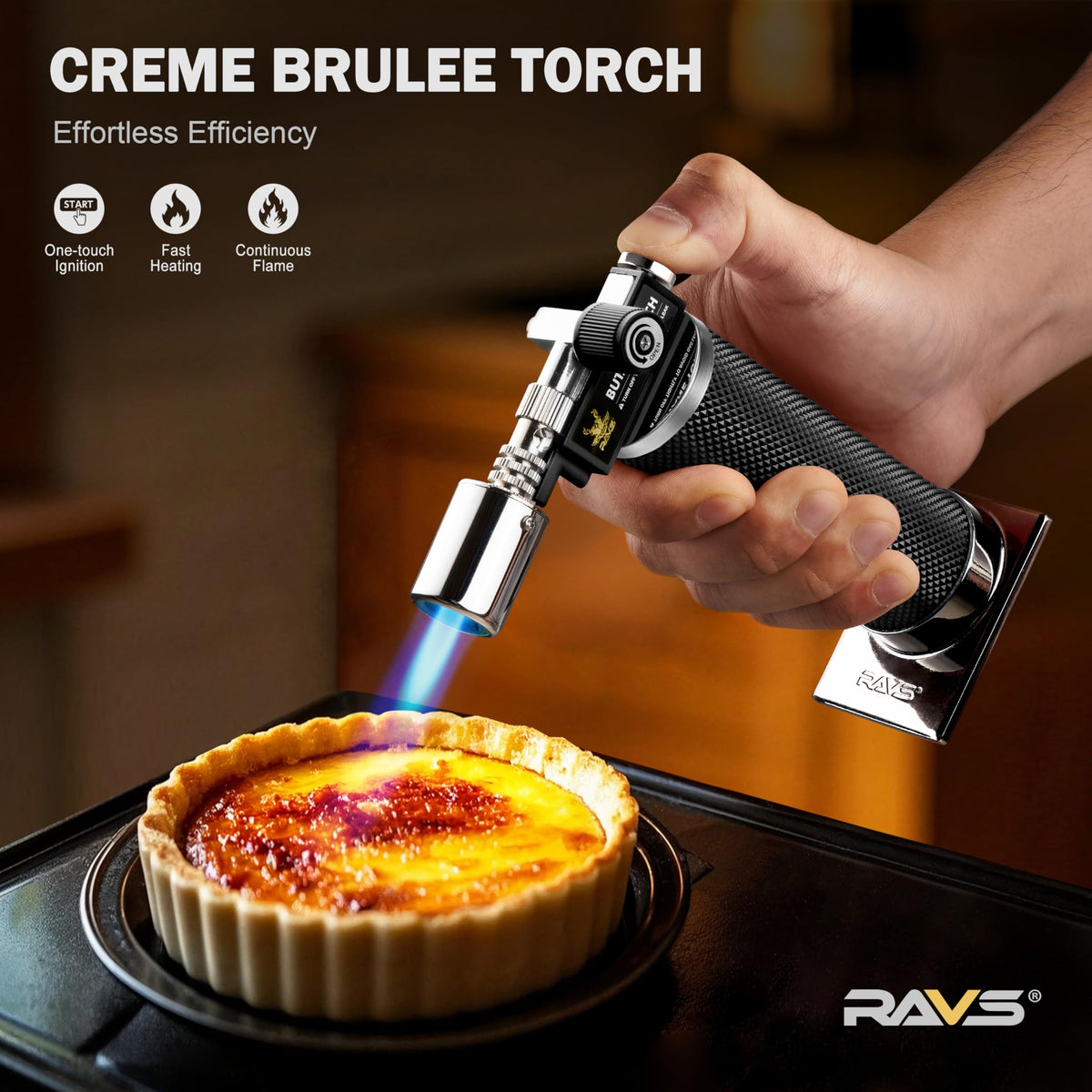 RAVS torch precision nozzle delivers steady flame for culinary tasks.