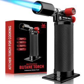 RAVS creme brulee torch with angled nozzle for safer caramelizing in the kitchen