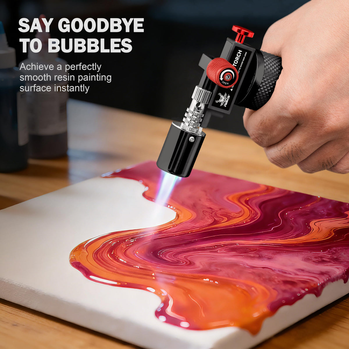 RAVS creme brulee torch in action for desserts, searing, and flame finishing