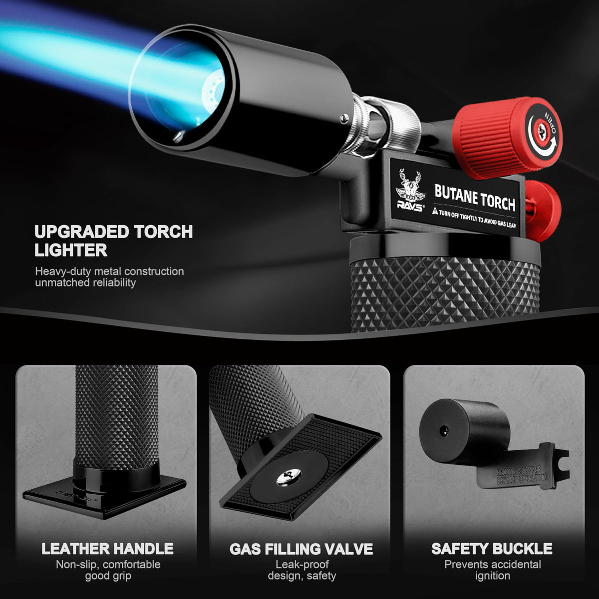 RAVS creme brulee torch on sturdy base with stable position during use