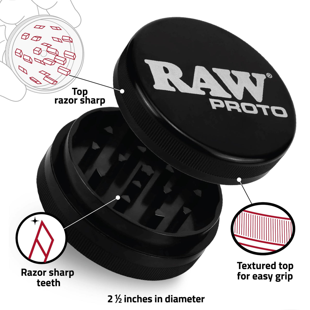 RAW Proto grinder with razor-sharp-teeth for quick, even texture.