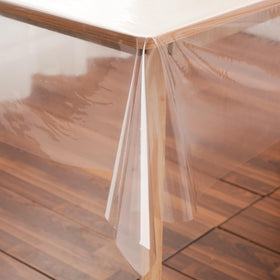 Rawgoodz clear tablecloth on dining table showing wood grain and protecting surface