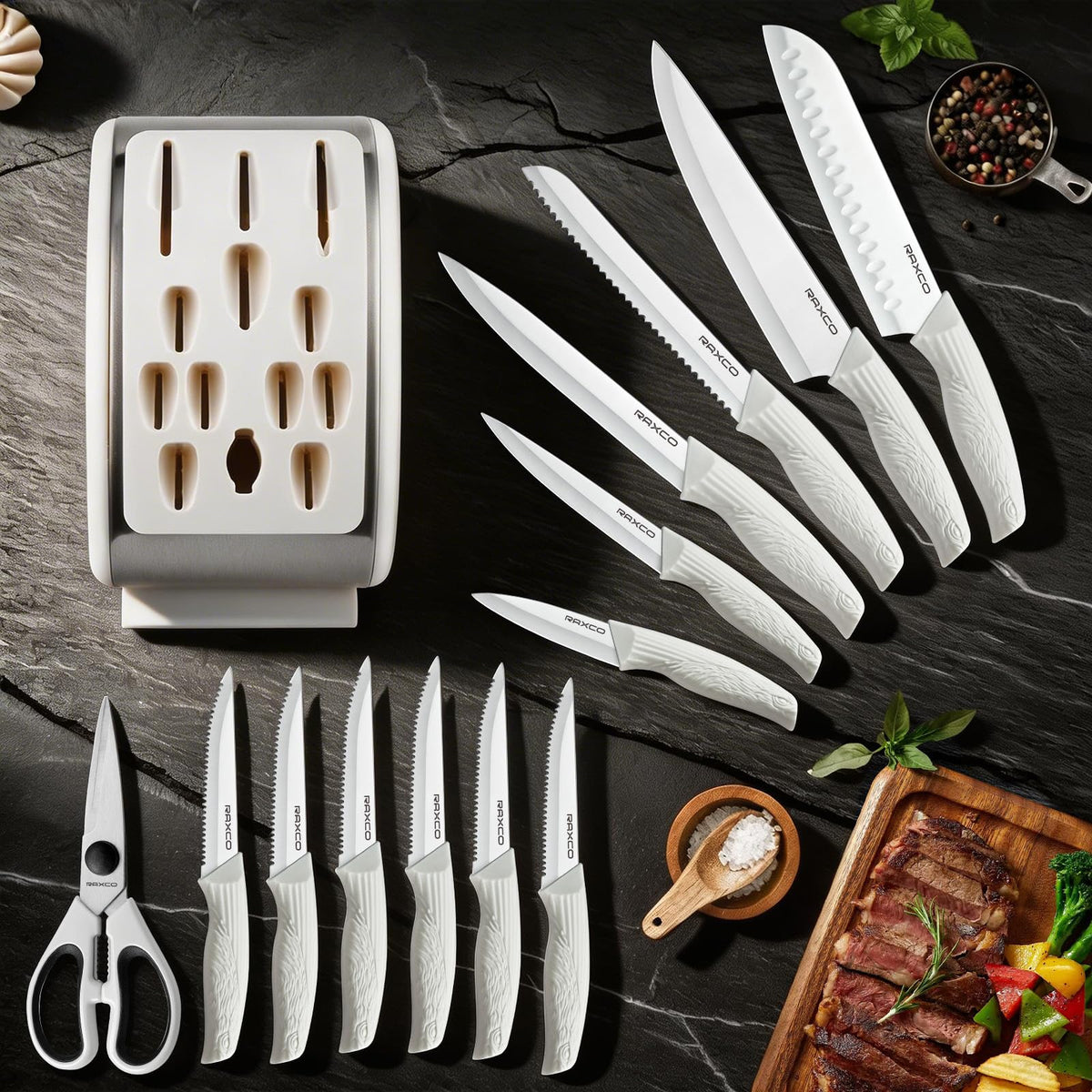 RAXCO knife-set-on-counter: functional centerpiece for everyday cooking tasks.