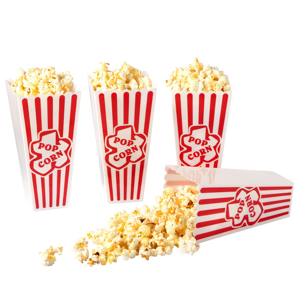 RAYMEA popcorn containers front view, red and white stripes, reusable for movie nights.
