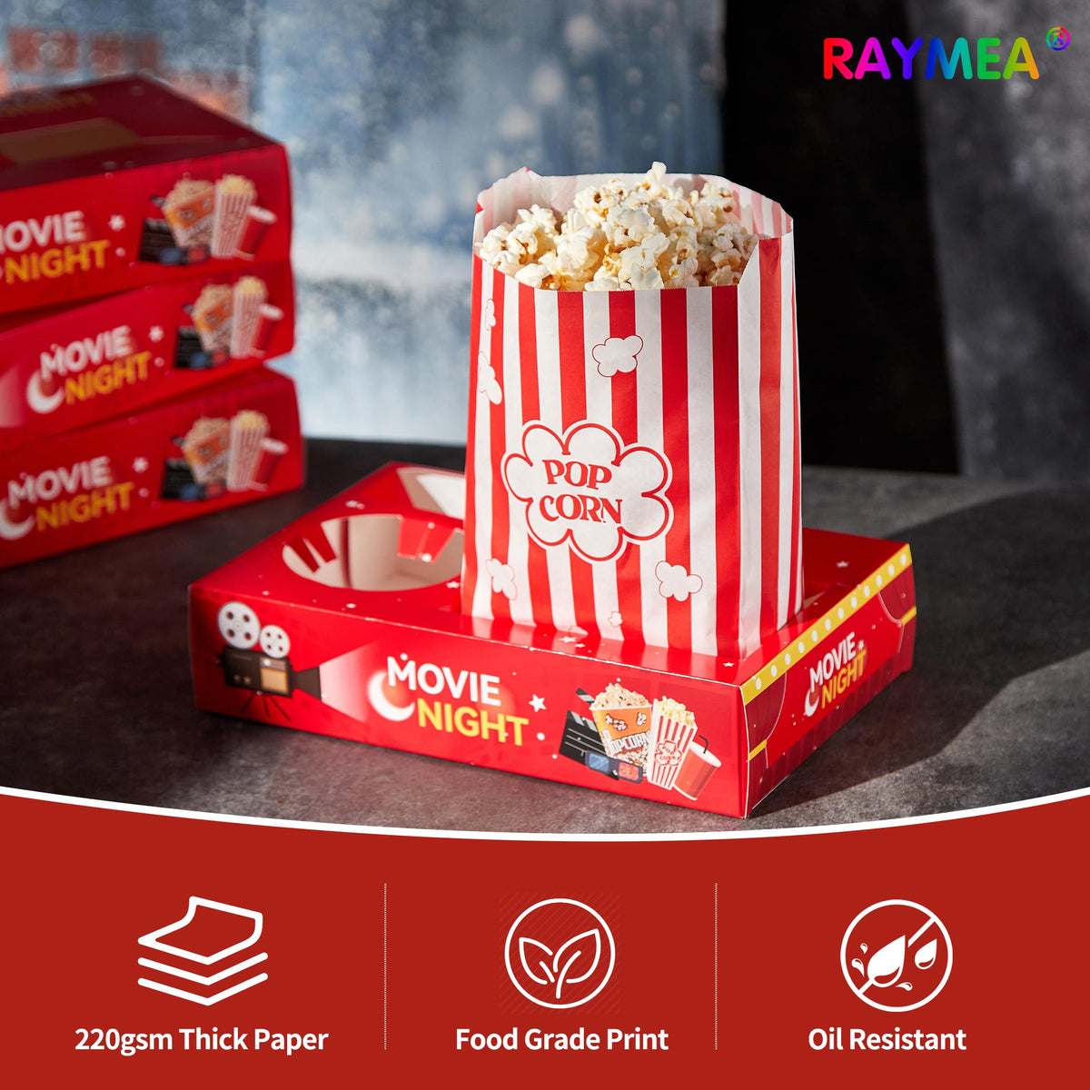 RAYMEA retro-style popcorn bags displayed for easy portioning at events.