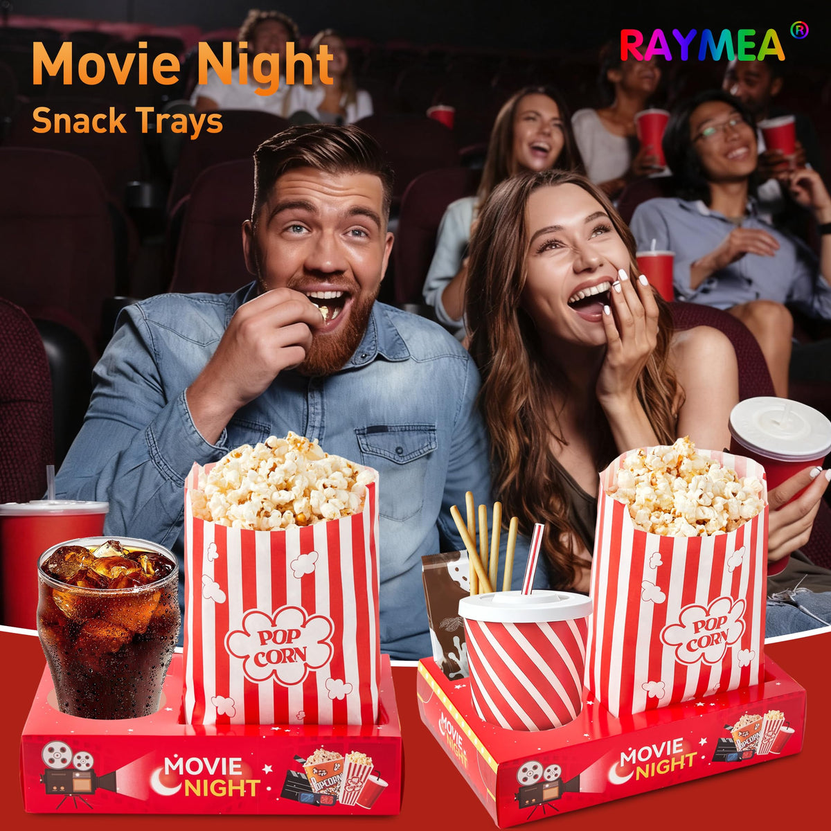 RAYMEA three-compartment snack tray showing organized snack options.