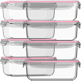 Razab 16pc glass food storage set, front view, stackable and space-saving for fridge organization.